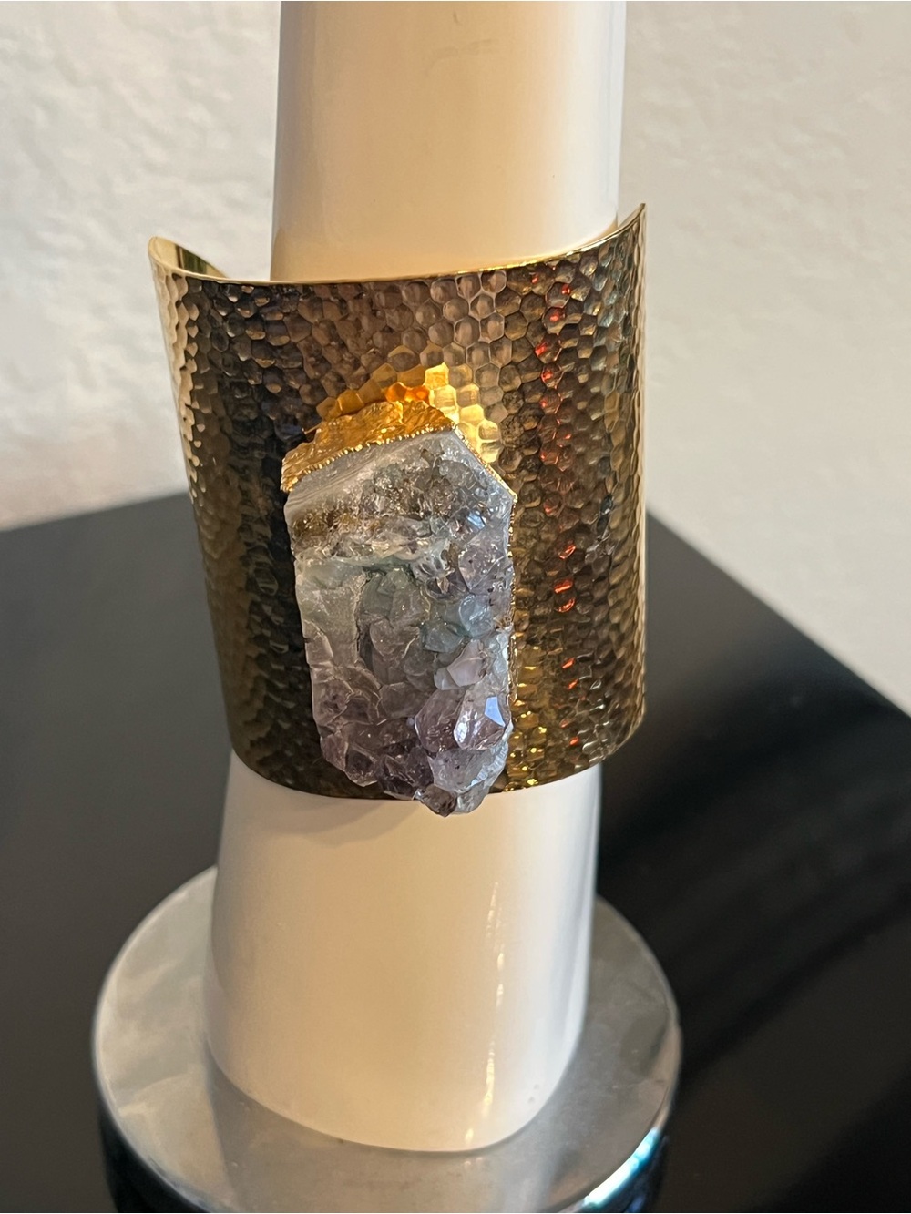 Gold Hammered Cuff Bracelet with Purple Raw Amethyst Druzy Accent